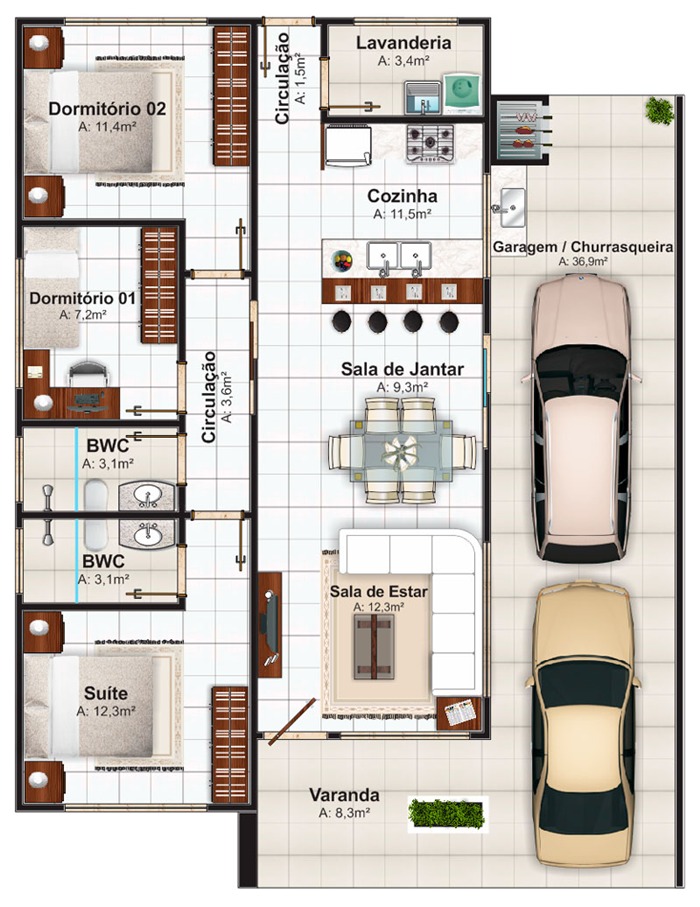 plantas de casas com garagem para dois carros