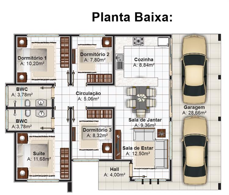 planta baixa de casas com sala de jantar