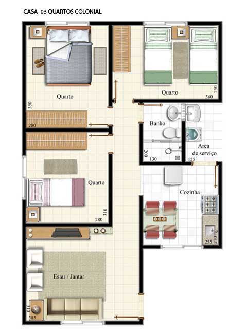 plantas de casas de 3 quartos pequenas