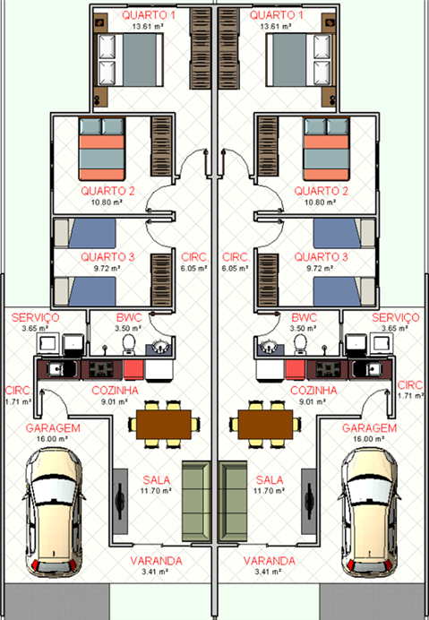 plantas de casas geminadas com garagem