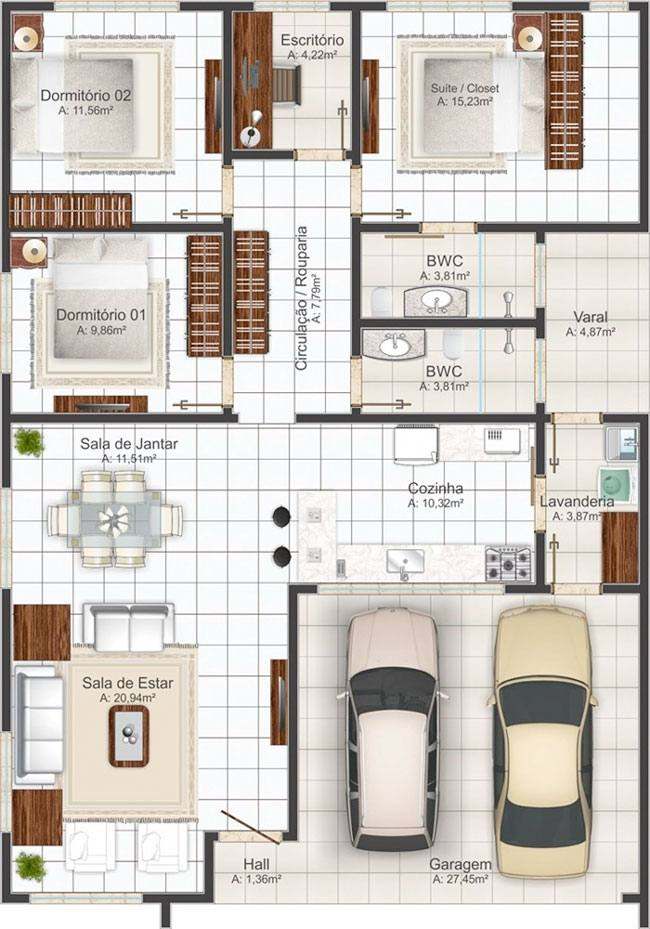 planta de casas com garagem para 2 carros