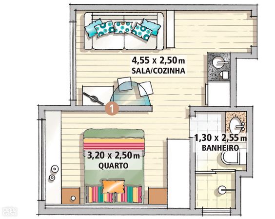 plantas de casas com 1 quarto sala cozinha e banheiro