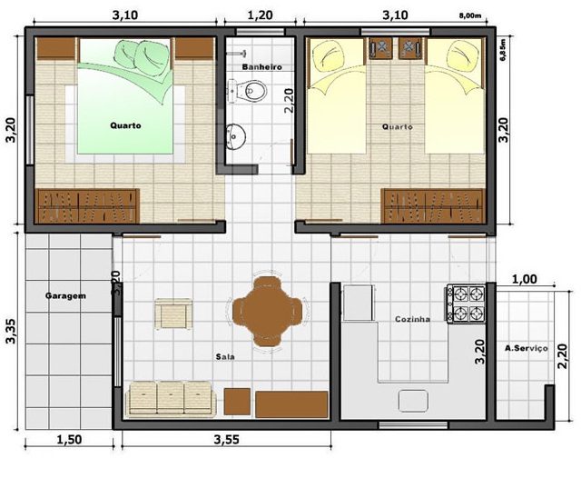 planta de casas com 2 quartos