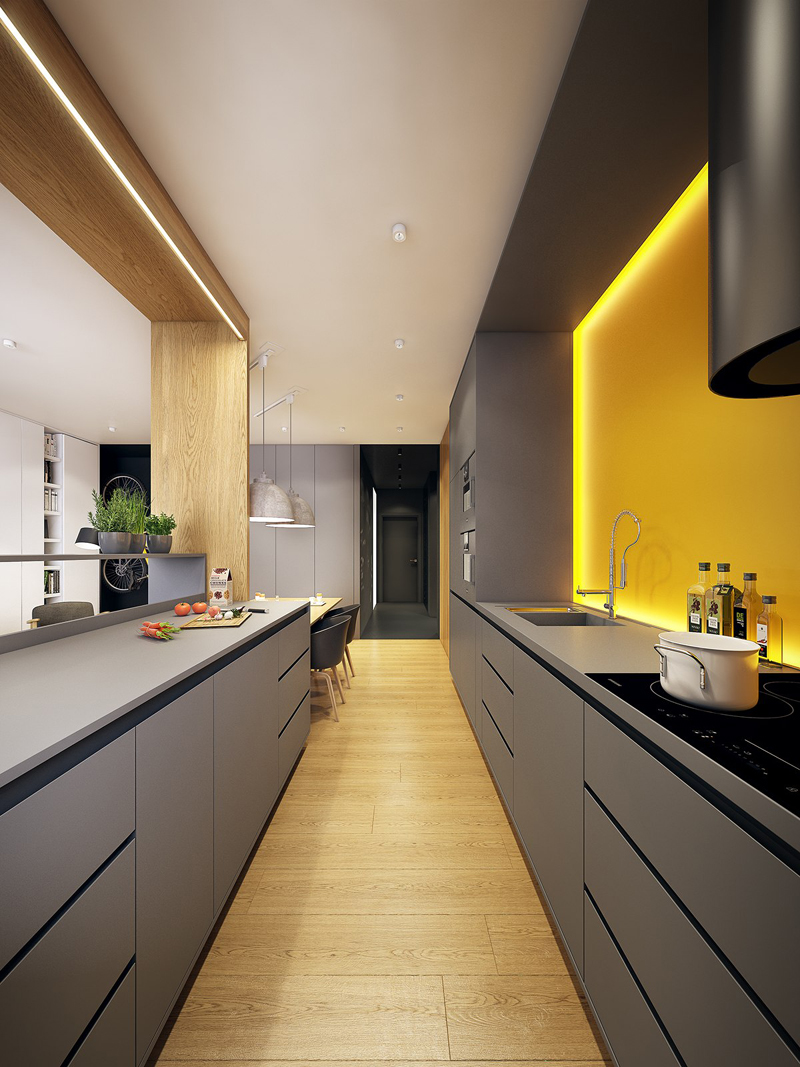 cozinha amarela com luz indireta