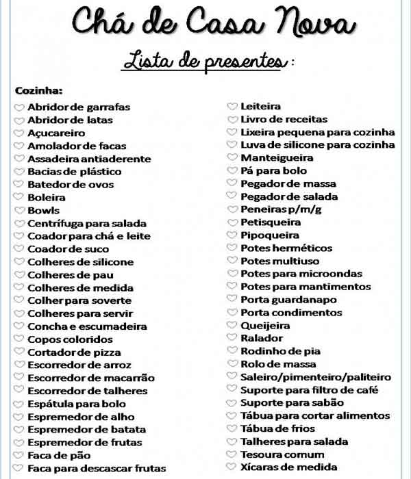 lista completa de chá de casa nova