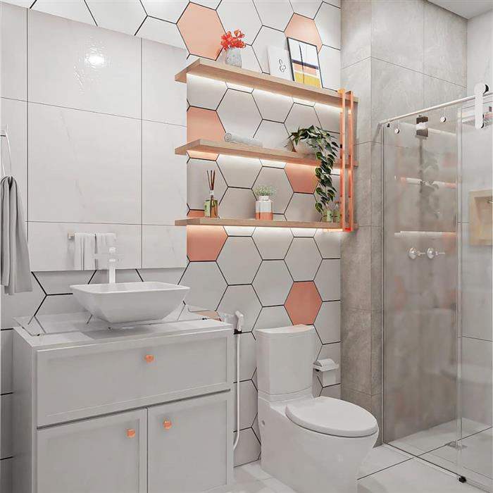 banheiro com piso geometrico